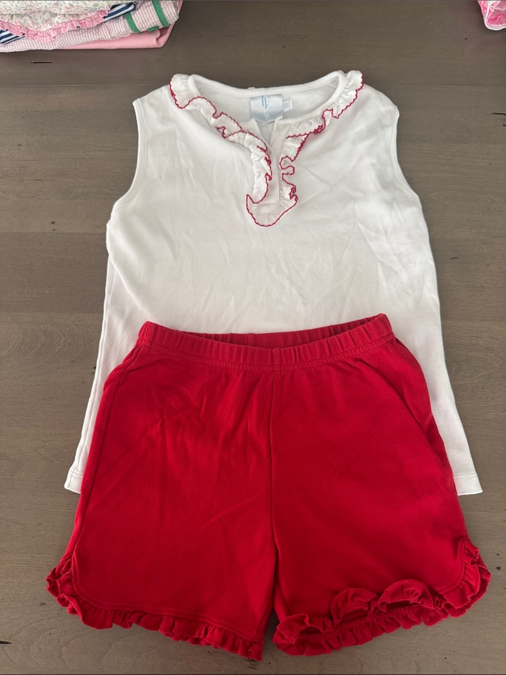 Little English White Ruffle Tank with Red Ruffle Shorts